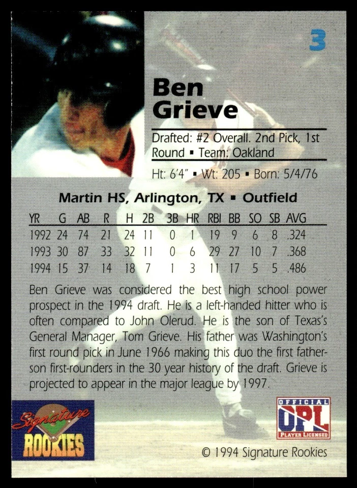 1994 Signature Rookies Draft Picks Ben Grieve Oakland Athletics #3 - Image 2 of 2