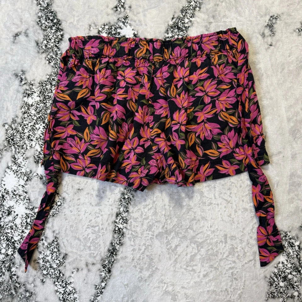 Pantalones Cortos Kensie Jeans Para Mujer Talla L Rosa Floral Multicolor Mezcla de Lino Corbata Cintura Foto 2 de 4