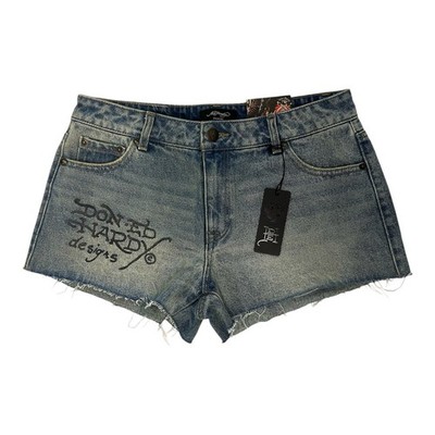 NWT Ed Hardy  Born Free  Painted Birds Design Denim Cut Off Shorts Women s M