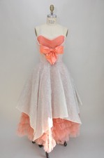 Vintage 1950s Silver Peach Tulle Sleeveless Party Prom Cupcake Dress w/ Bow XS