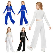 US Girls Modern Lyrical Dance Outfit Shiny Rhinestones Crop Top  Wide-leg Pants