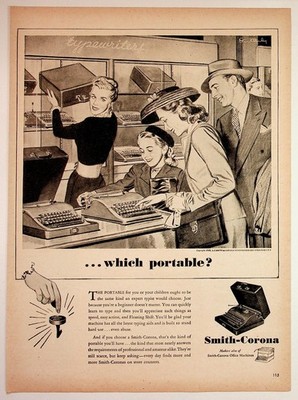 Smith-Corona 1946 Vintage Magazine Ad Portable Typewriter B&W Illustration