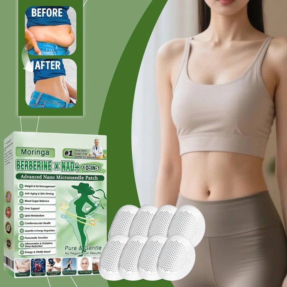 Moringa BERBERINE NAD+ 10-IN-1 パッチ 9個セット Moringa Berberine 10-in-1 Advanced Nano Microneedle Patch (8pcs