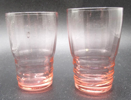 2 Vtg Pink Depression Ringed (Manhattan?) Pattern 2 5/8" Cordial / Shot Glasses