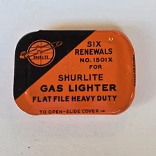 Vintage Advertising Tin Shurlite Gas Lighter Can Flat File Heavy Duty Orange