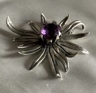 RARE Vtg TAXCO 925 11mm Purple Sapphire Modernist Flower Brooch Mexico Silver
