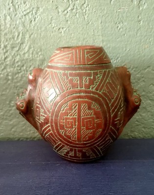 VTG Regina Brazil Pottery Vase Signed by Artist Etched Handcrafted Teal/Brown