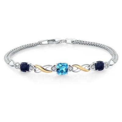 2.64 Ct Swiss Blue Topaz Blue Sapphire 925 Silver and 10K Yellow Gold Bracelet