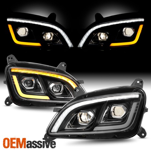 For 2011-2021 Peterbilt 579 587 Dual Projector Headlight w/DRL Sequential Black