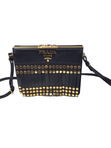 Prada Milano Crossbody Bag Gold Studded Black Leather Authentic T2650 W18 - Picture 2 of 13