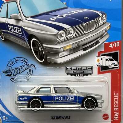 Hot Wheels Zamac 013 '92 BMW M3 4/10 HW Rescue POLIZEI Silver Read