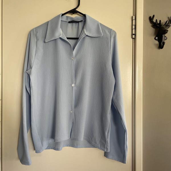 Pretty Little Thing Pale Baby Blue Ladies Sheer Button up Shirt Size UK10 AU10