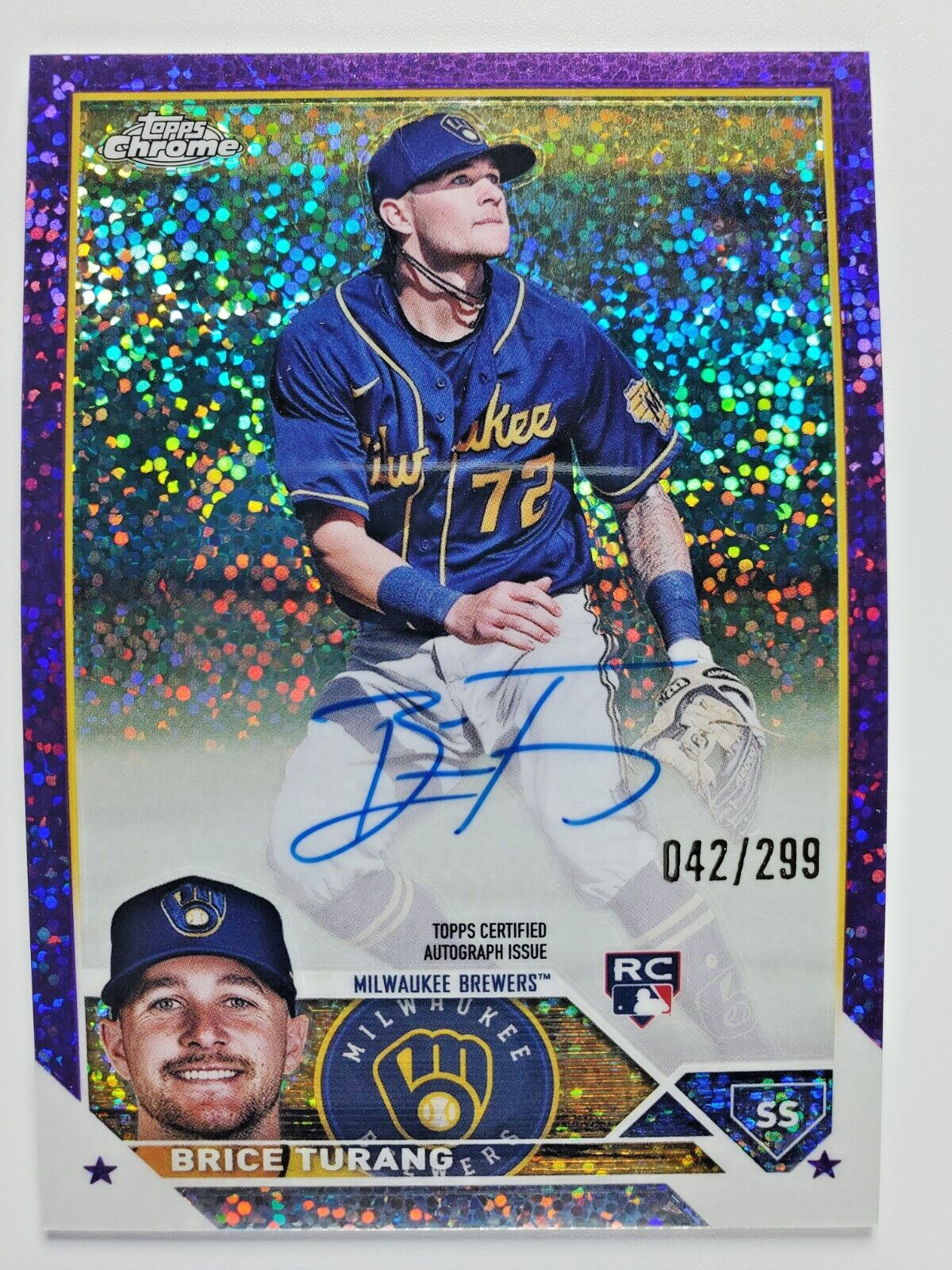 2023 Topps Chrome #RA-BT Brice Turang Rookie (RC) Purple Speckle Autograph /299