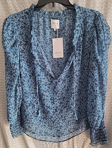Misa Blue Black Floral Keyhole Chiffon Women's XS Blouse Long Sleeve Sheer Top