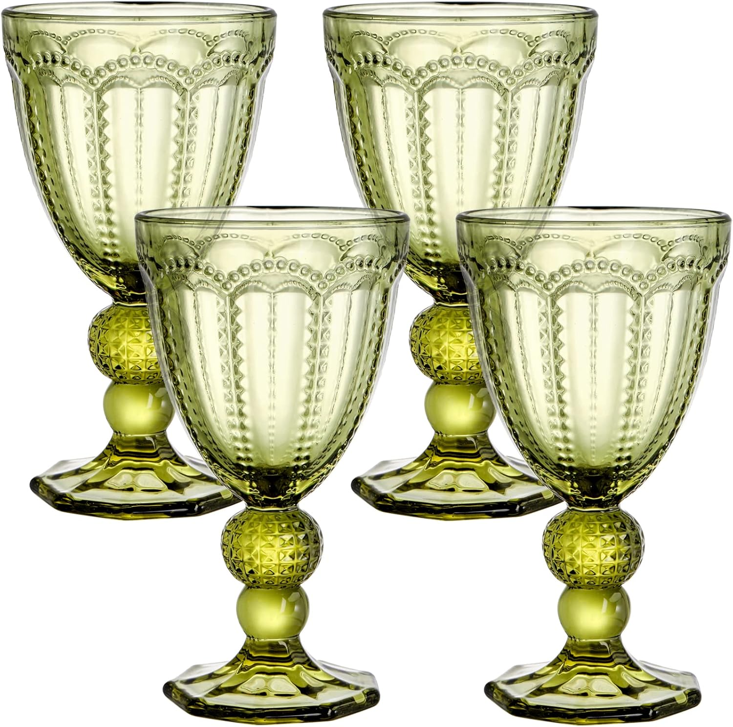 Vintage Green Embossed Wine Glass Set of 4 8.5 Oz Stemmed Goblets