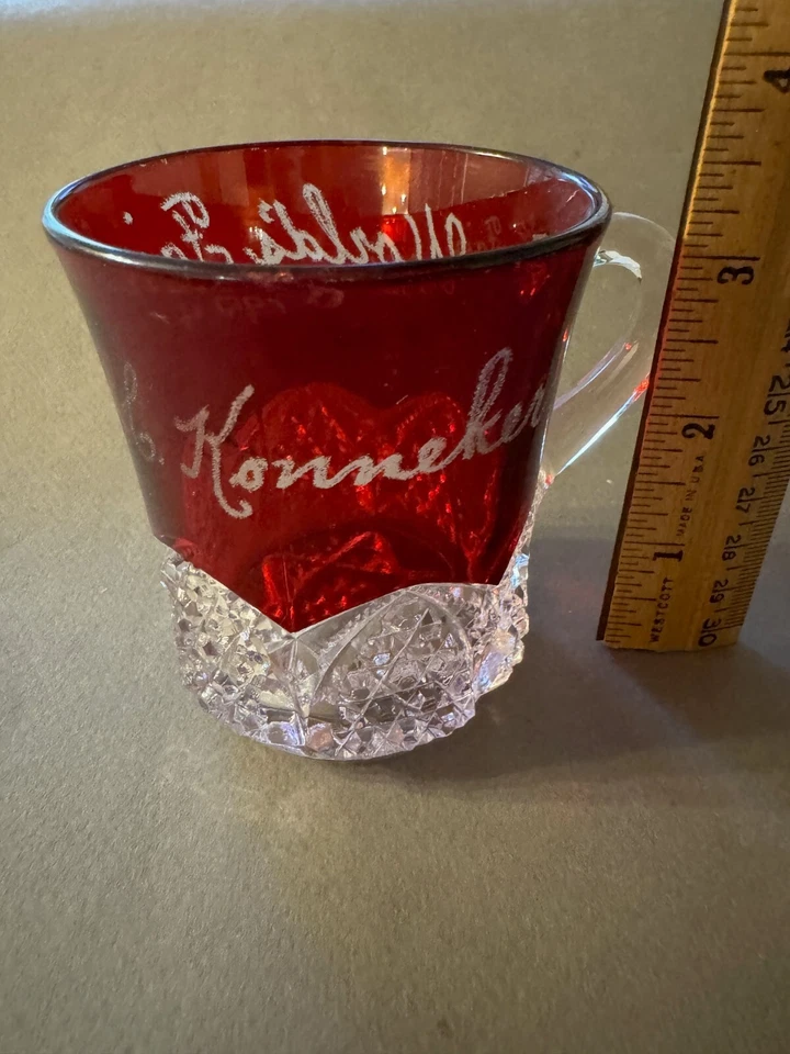 EAPG RUBY STAINED WORLD'S FAIR 1904 KONNEKER ETCHED ANTIQUE GLASS TEACUP CUP MUG - Image 2 of 4