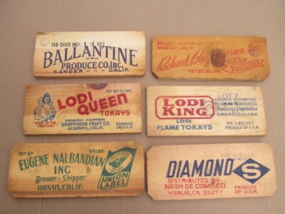 Lot of 6 Vtg Wood Fruit Grapes Box Crate Advertising End Boards w/ Labels Eb37