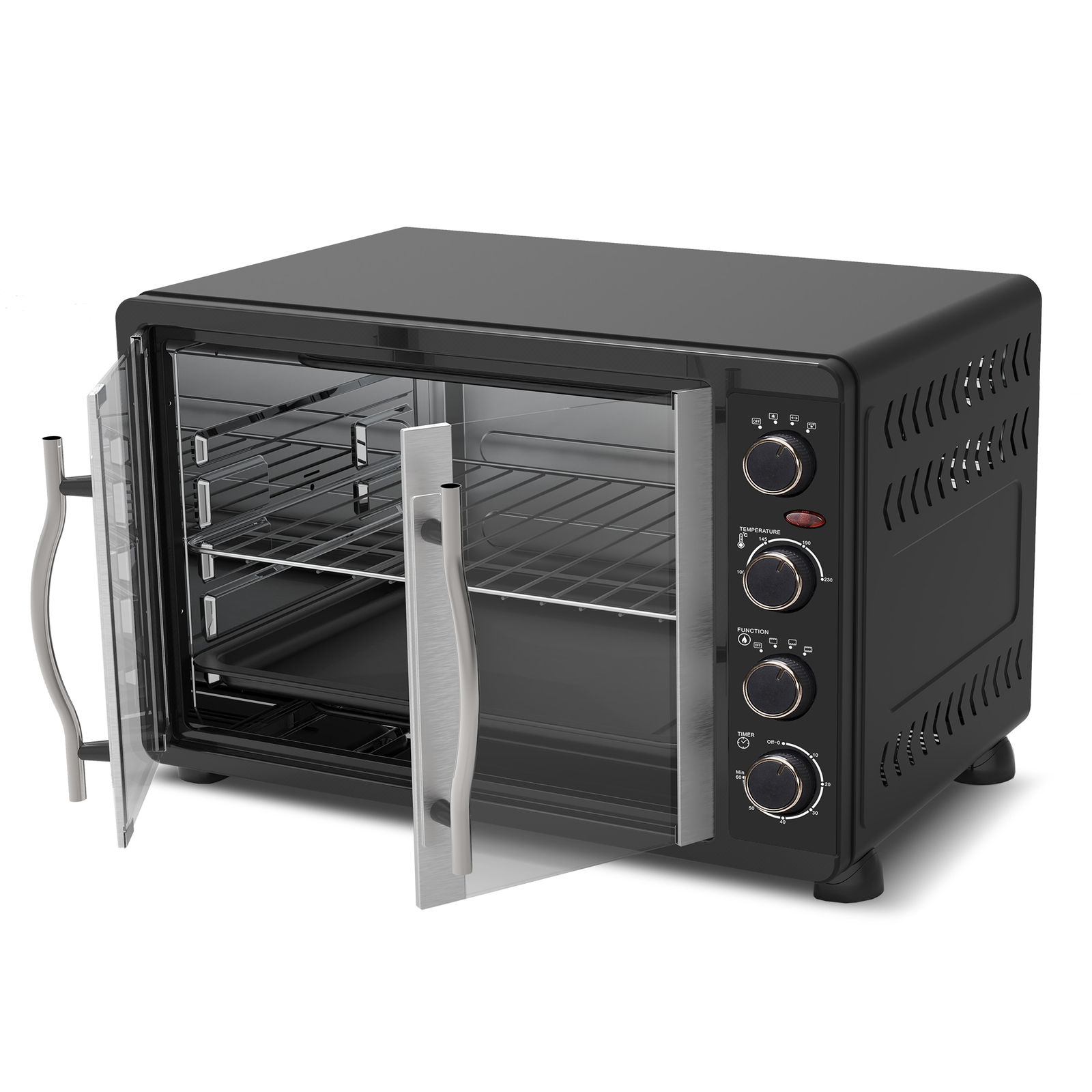 Minibackofen (45L) mit Umluft, 2000W, Backblech, Drehspieß, Pizzaofen, Grill