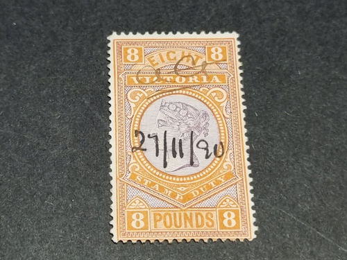 Victoria 1890 Stamp Duty £8 Pounds Mauve Brown Queen Victoria SG327 CV£275 Inv