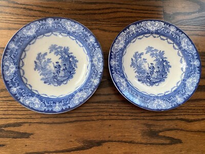 Royal Doulton  WATTEAU FLOW BLUE Rim Soup Bowls Large Set of TWO