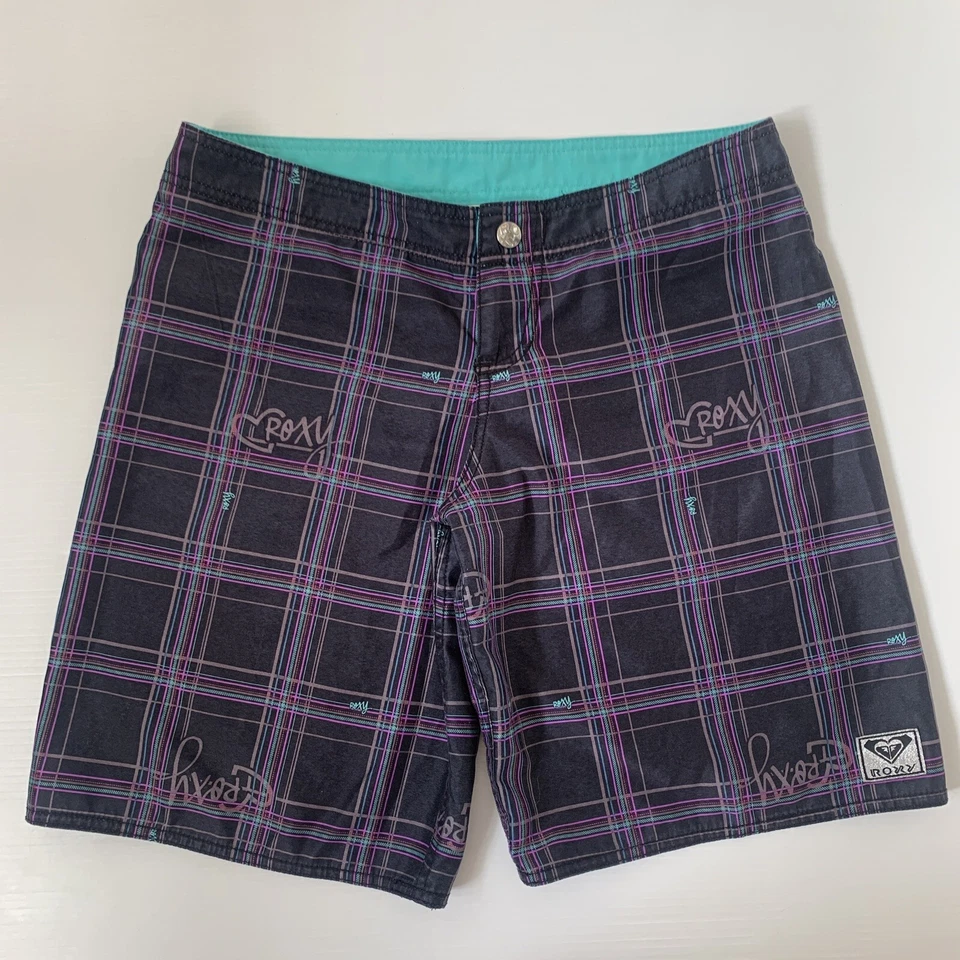 Board Shorts Vintage Roxy Mujer Cintura 85cm Negro Púrpura Cuadros Foto 2 de 4