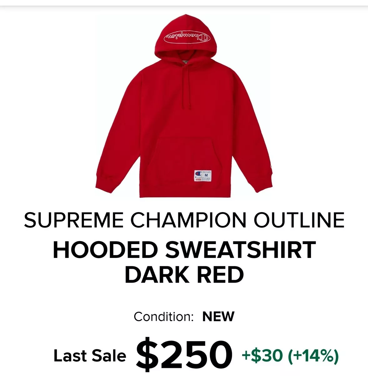 DS SUPREME X Champion Hoodie RED FW19 Size SMALL OUTLINE HOODED SWEATSHIRT