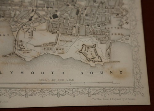 'PLYMOUTH, DEVONPORT y STONEHOUSE', mapa grabado, J. Rapkin, c.1850s - Imagen 5 de 5