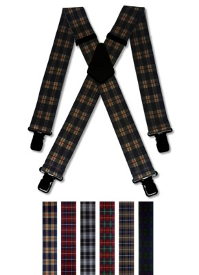 Mens Braces Heavy Duty 2/" or 1.5/" Tartan Hunter Green Plaid Trouser Black Clips