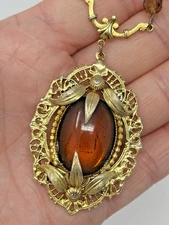 Vintage 60's Victorian Revival Lavalier Pendant Necklace Amber Glass Leaf Bezel