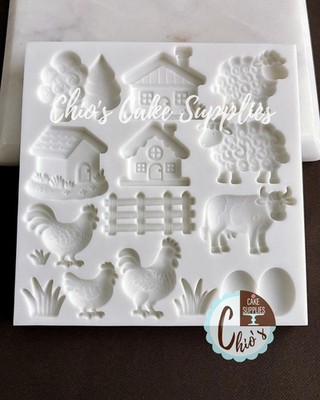 Farm Silicone Mold: House, Sheep, Cow, Fence, Trees, Hen, Chick, and Grass cvts