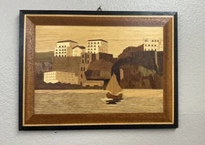 Vintage Inlaid Wood Marquetry Picture Italy Coastal Sailboat Wall Mount Plaque