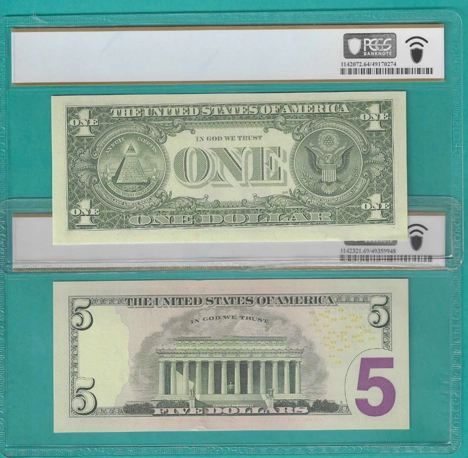 $1 and $5 2X Matching LOW Serial Number 4 Digit 00004407 PCGS Graded 69/64PPQ - Image 2 of 2