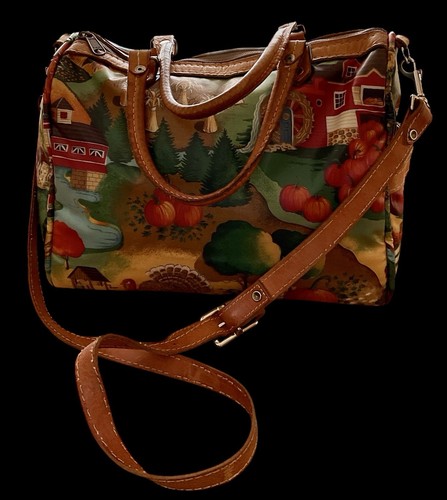 VINTAGE FALL PUMPKIN ORCHARD PRINT WATERPROOF SATCHEL BAG Shoulder Bag PURSE - Picture 2 of 9
