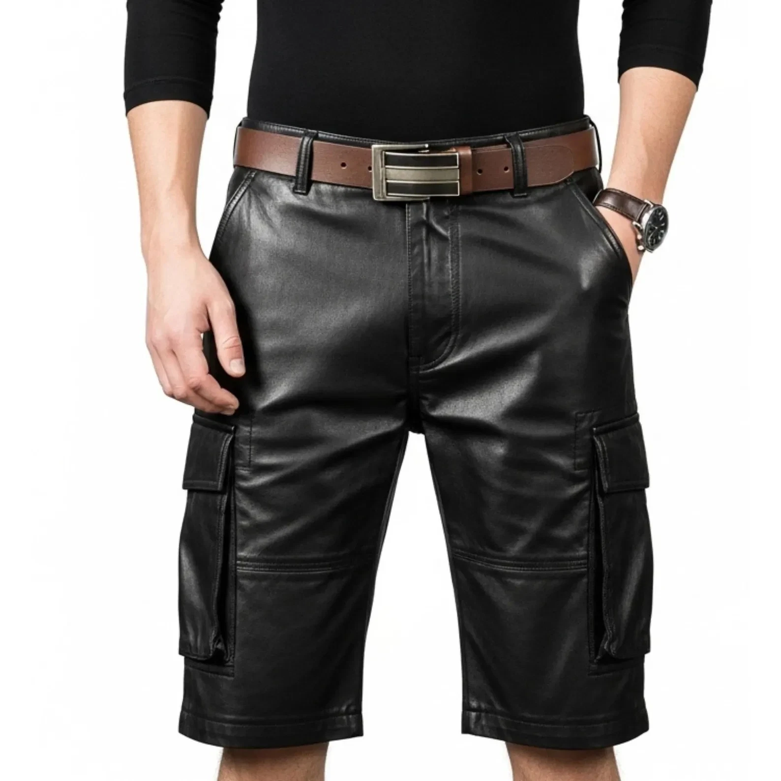 Mens Genuine Leather Cargo Shorts - Black Sheep Leather Utility Shorts