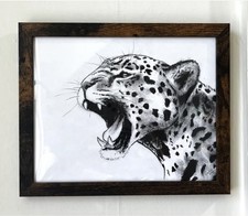 Framed Jaguar Charcoal Drawing, Original Fine Art, Leopard Picture, animal cat
