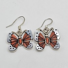 Handcrafted Sterling Silver Butterfly Inlay Dangle Earrings Red Orange Shell New