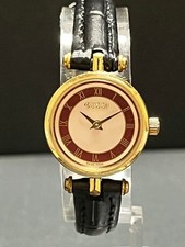Gucci Sherry Pink Red Dial Ladies Quartz Watch Gold Black Leather Auth