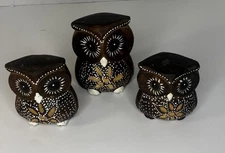 Hand carved and Painted Wooden  Owls Set Of 3 VTG Primative Nature Grandmacore