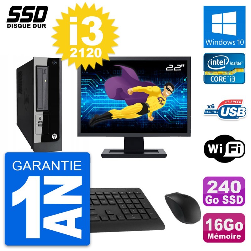 PC HP Pro 3300 SFF Ecran 22" Intel i3-2120 RAM 16Go SSD 240Go Windows 10 Wifi