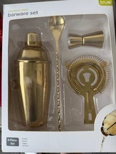 True Barware Cocktail Set Stainless Steel 4 Piece Set Shaker Jigger Strainer NIB