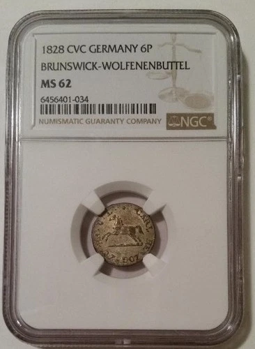 Germany States Brunswick-Wolfenbuttel Karl II 1828 CVC 6 Pfennig MS62 NGC