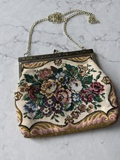 Vintage 60  s Floral Needlepoint Tapestry Purse Gold Kiss Lock made in Hong Kong