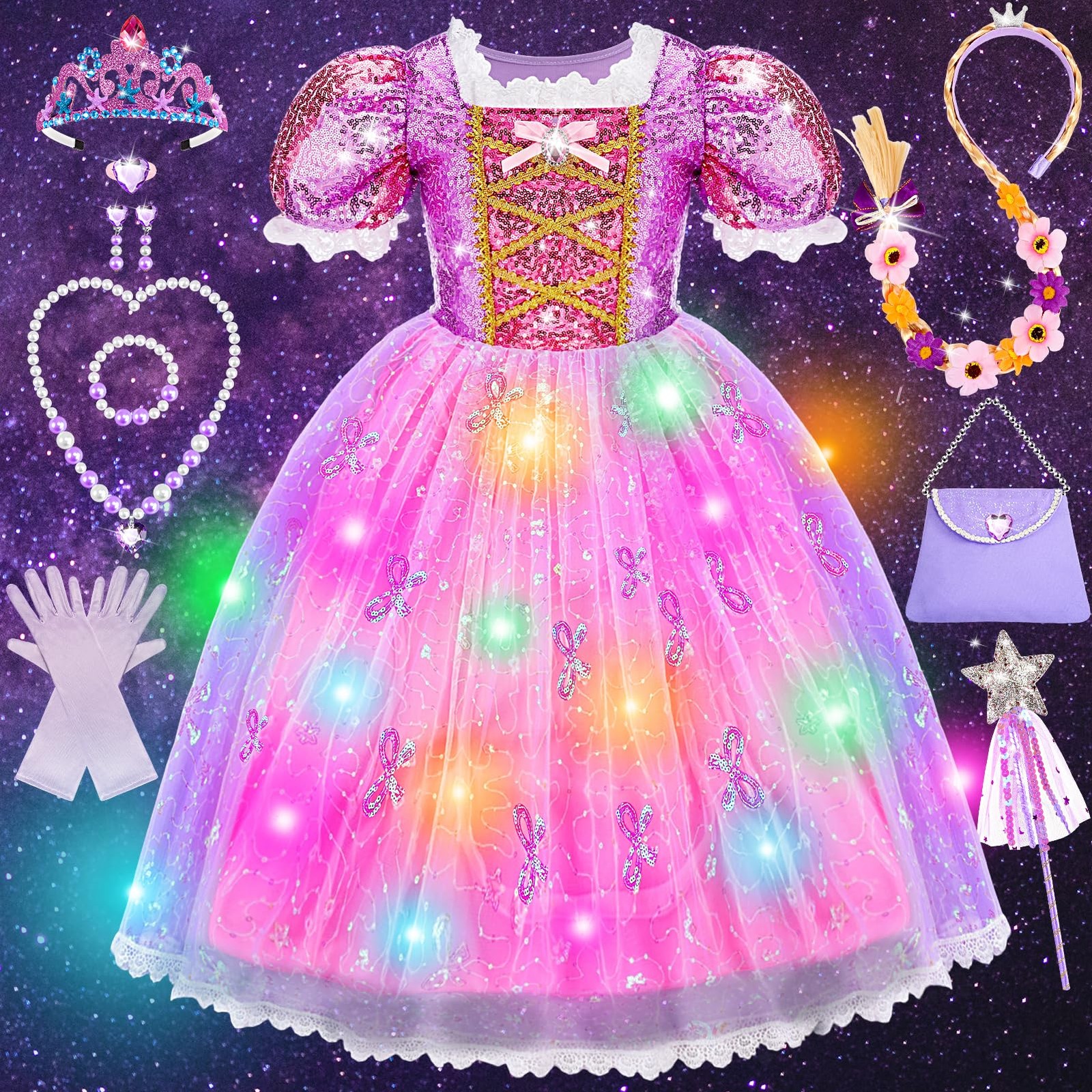 Robe Raiponce LED pour carnaval et fêtes d'anniversaire fille 3-4 ans