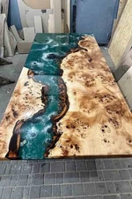 Solid Poplar Wood Dining Table with Green Epoxy Resin River Unique Live Edge,