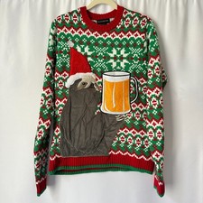 Blizzard Bay Ugly Christmas Sweater Sloth Beer Pocket L Mens Holiday Party Green