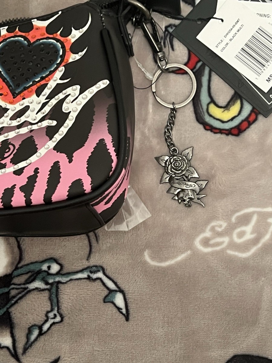 Ed Hardy Crossbody Black Flowers Black Flaming Heart Rhinestone