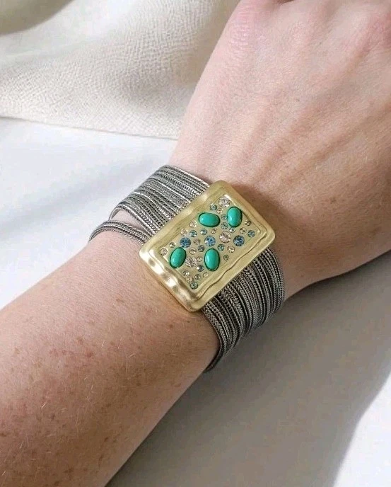 哑光锤形金宝石镶嵌宽手链蓝色白色水钻 7.5 — 第 2/4 张图片