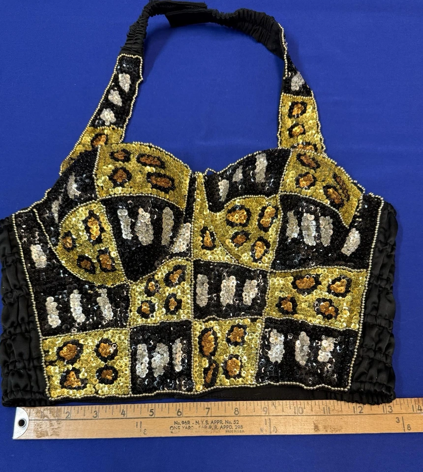 Top corto vintage con cuentas de lentejuelas Bustier Halter XL dorado leopardo glamour Foto 2 de 4
