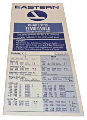 JANUARY 1980 EASTERN AIRLINES CHARLOTTE NORTH CAROLINA TIMETABLE