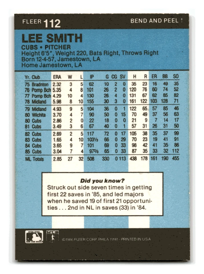 Lee Smith 1986 Fleer Star Stickers HOF #112 Chicago Cubs NM-MINT - Image 2 of 2